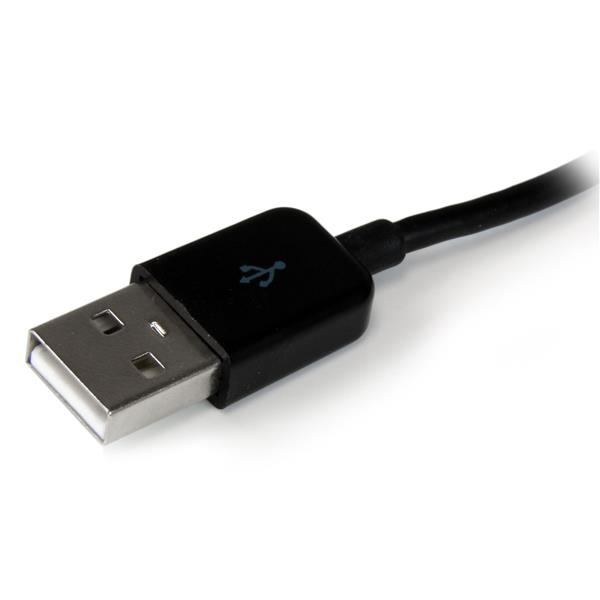 Un cable USB negro con un conector plateado y un símbolo USB.