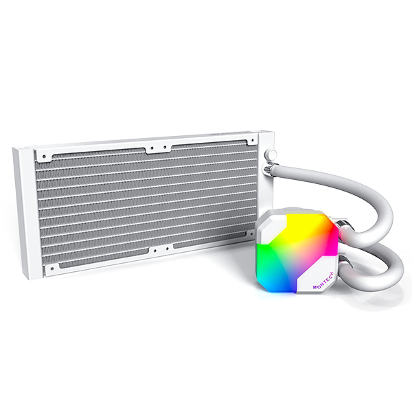 Gökkuşağı RGB aydınlatmalı pompa ve radyatöre sahip beyaz bilgisayar sıvı soğutucu.
