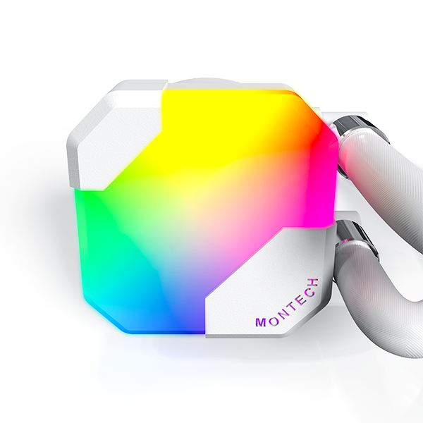Doku ve RGB aydınlatmalı beyaz bir bilgisayar fanı.
