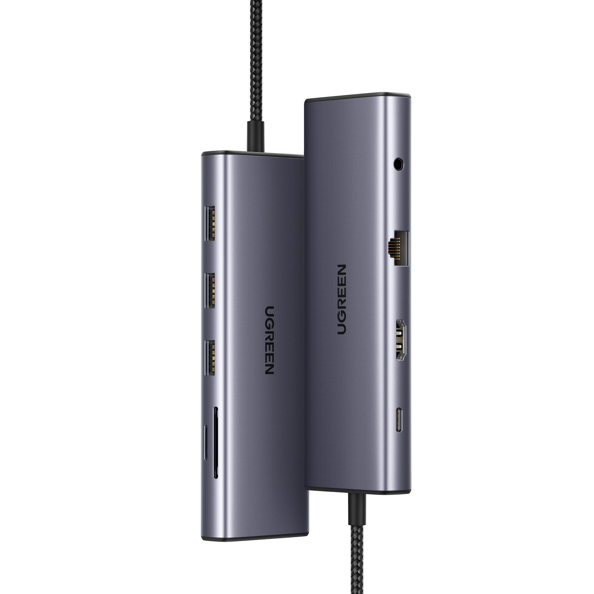 Due hub USB-C grigi uno accanto all'altro con porte e cavi.