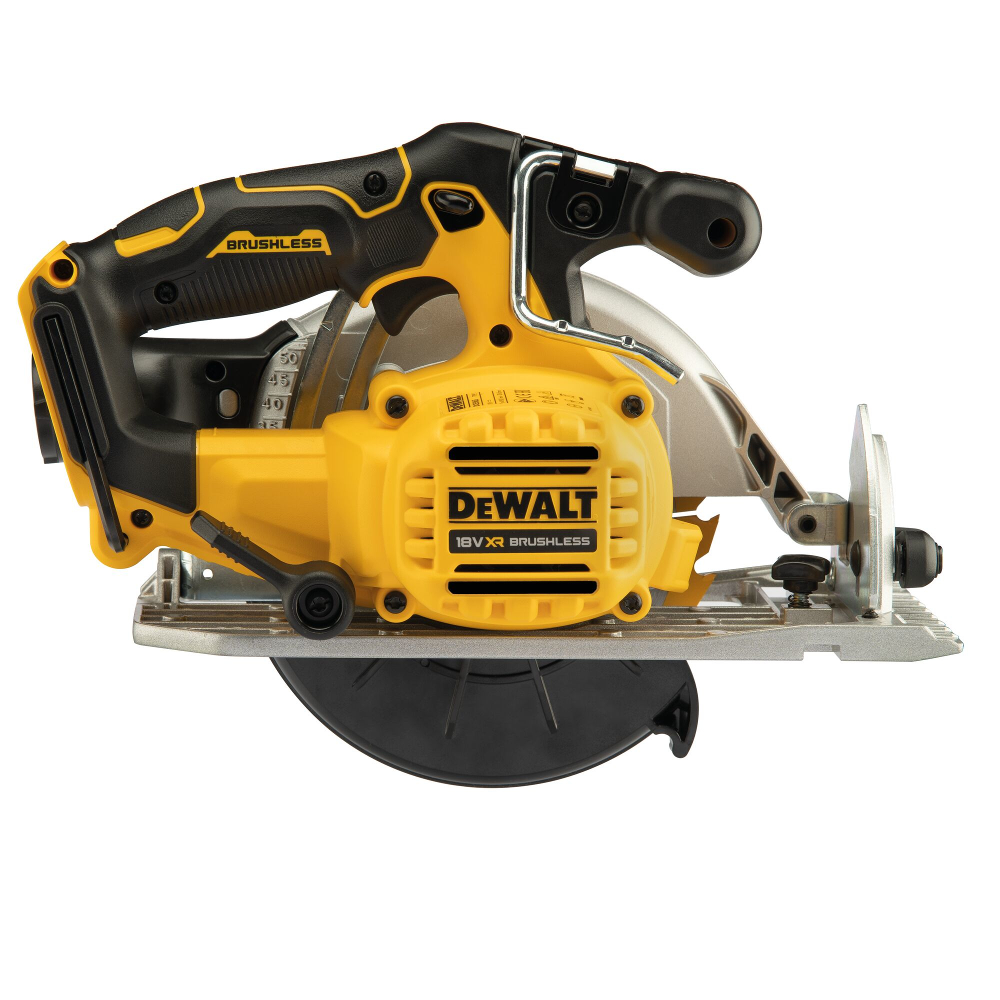 Eine gelbe und schwarze kabellose Kreissäge von Dewalt mit Metallbasis.
