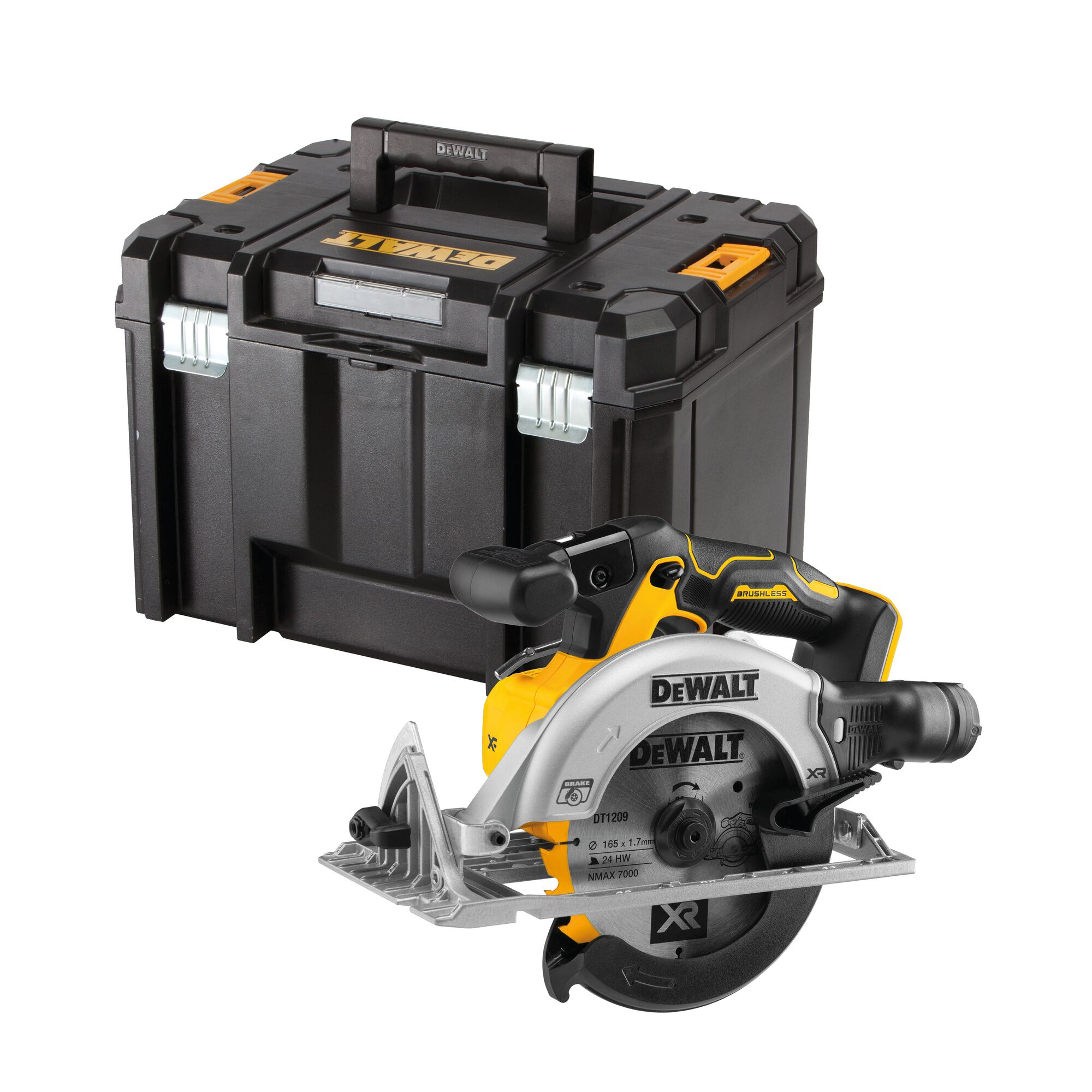 Ein schwarzer Werkzeugkasten und eine gelbe/silberne Kreissäge von DeWalt stehen nebeneinander.