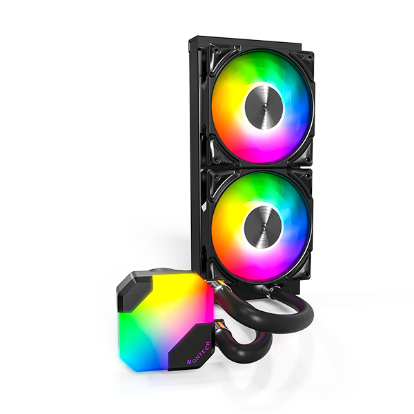 İki fanlı ve pompali siyah bilgisayar sıvı soğutucu, gökkuşağı RGB renkleriyle aydınlatılmış.