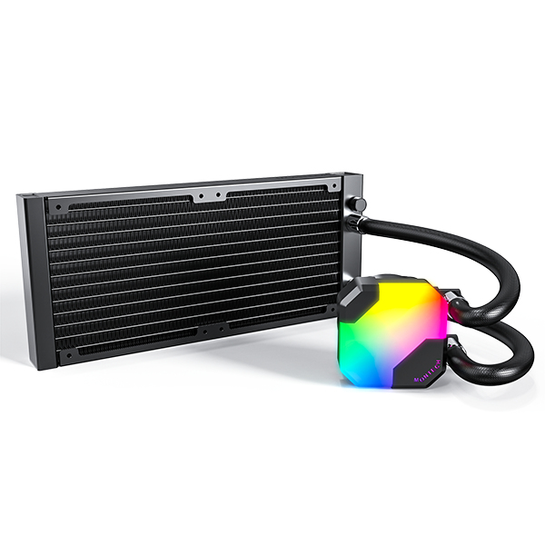 RGB aydınlatmalı bir pompaya giden iki hortumu olan siyah radyatör.