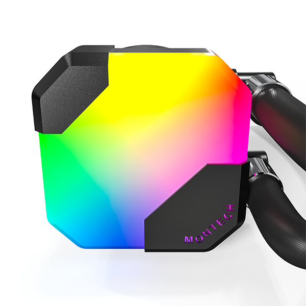 Beyaz arka plan üzerinde RGB aydınlatmalı ve siyah hortumlu bir soğutucu.