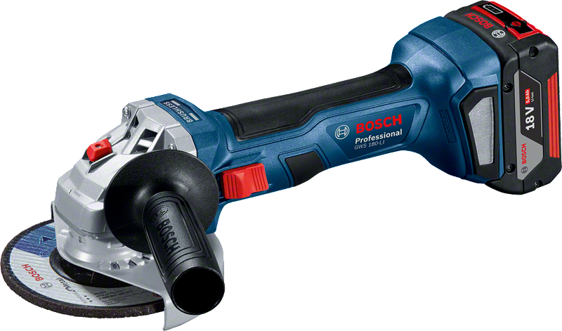 Smerigliatrice angolare Bosch blu e argento con batteria e disco.