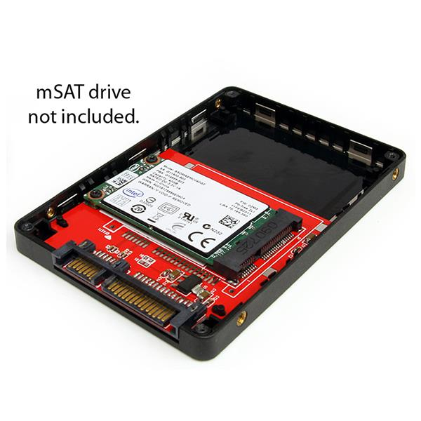 Un boîtier ouvert avec une carte de circuit imprimé rouge et un lecteur mSATA.