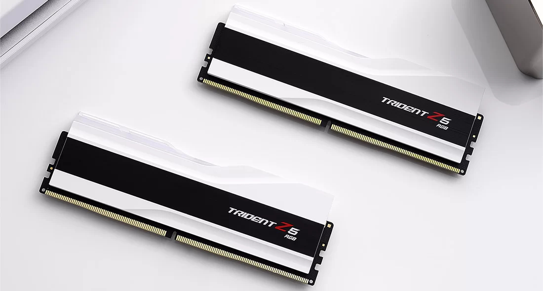 Deux modules RAM Trident Z5 RGB blancs et noirs sur surface blanche.