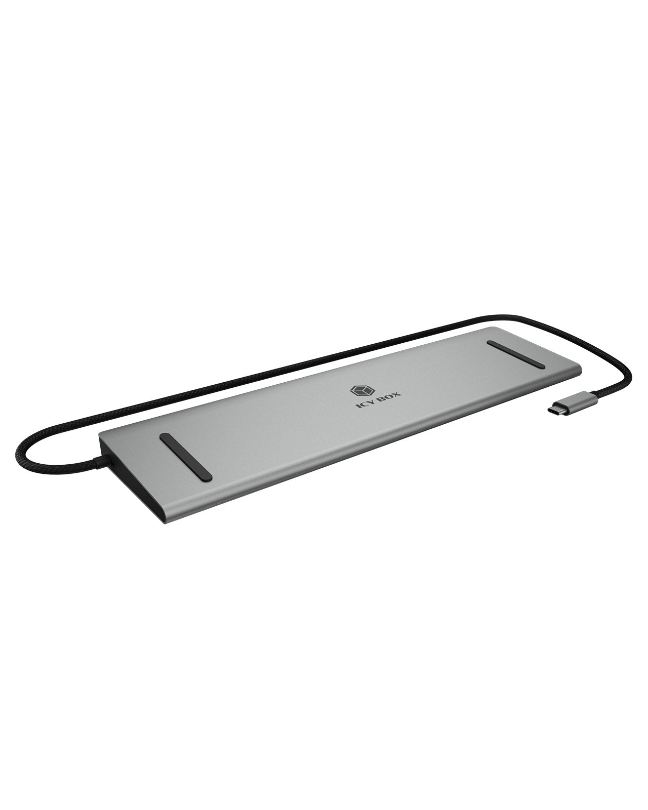 Ein silberner USB-C-Hub mit ICY BOX-Logo und schwarzem Kabel.