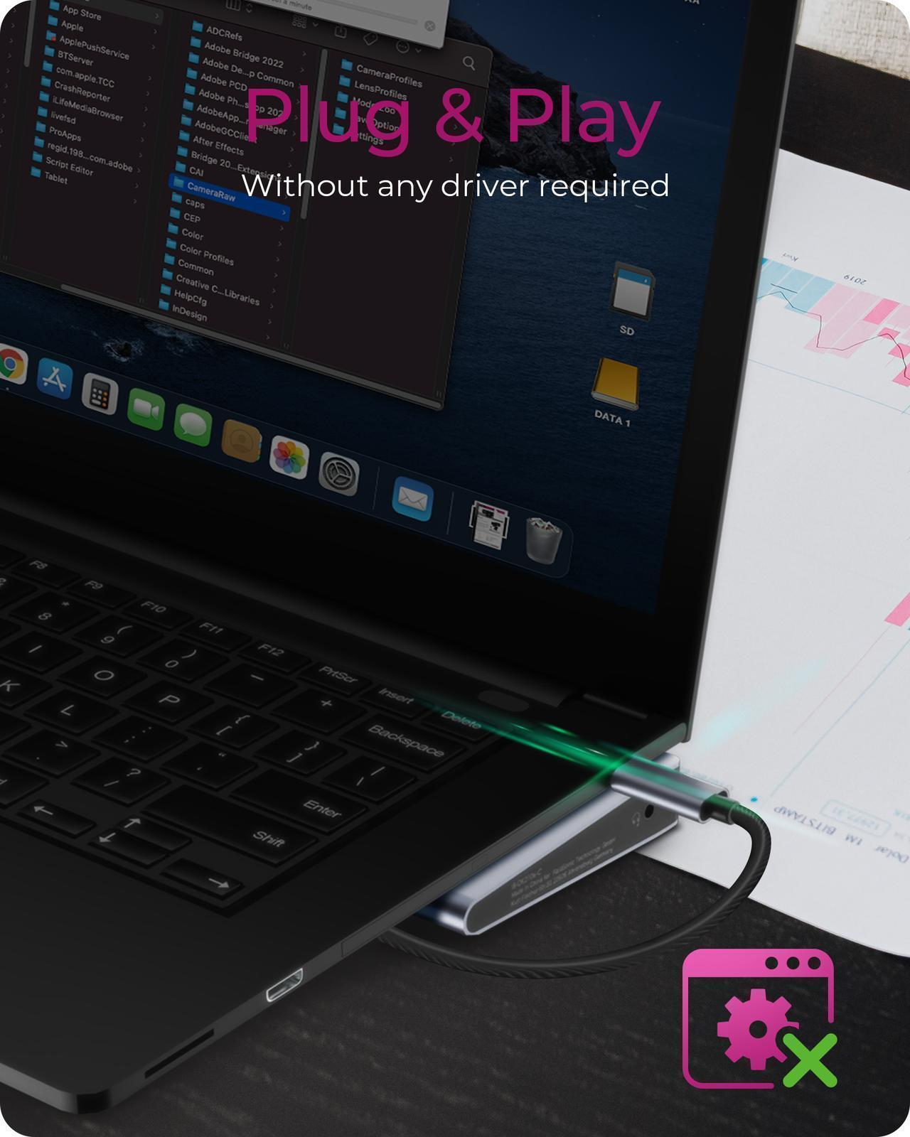 Ein USB-C-Adapter ist an ein Laptop angeschlossen, mit Text "Plug & Play".