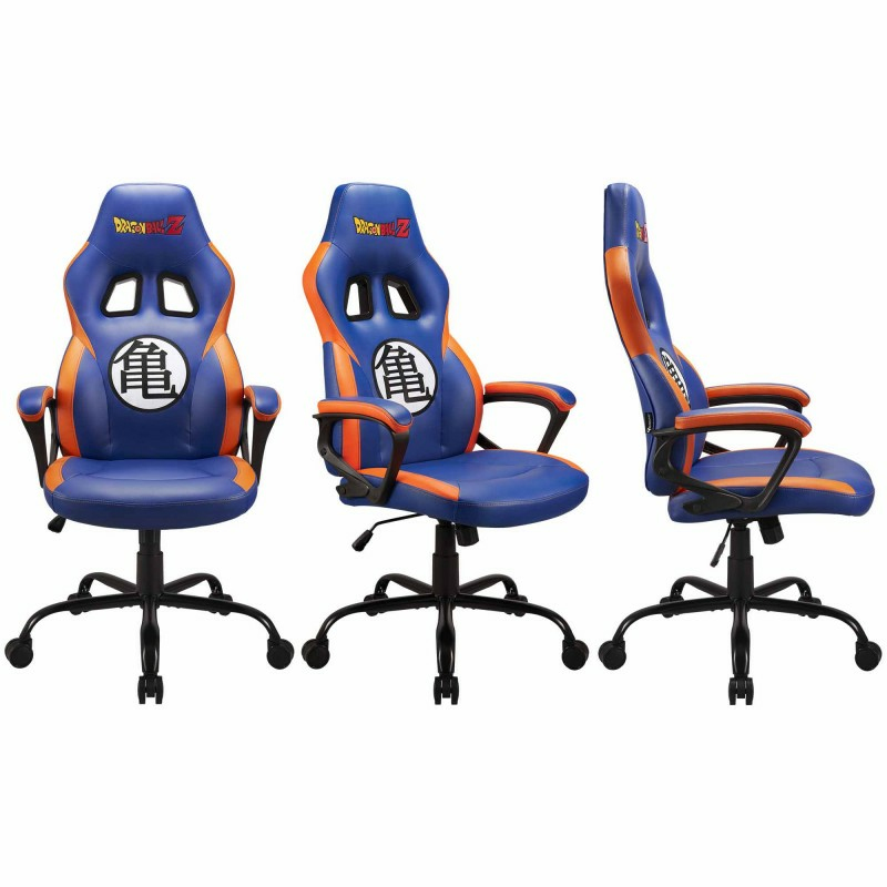 Ein blauer Gaming-Stuhl mit orangen Akzenten und dem Dragon Ball Z-Logo.