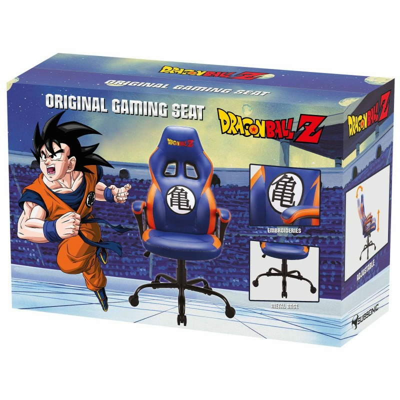 Dragon Ball Z Gaming Stuhl-Verpackung mit Goku und Stuhl-Details.