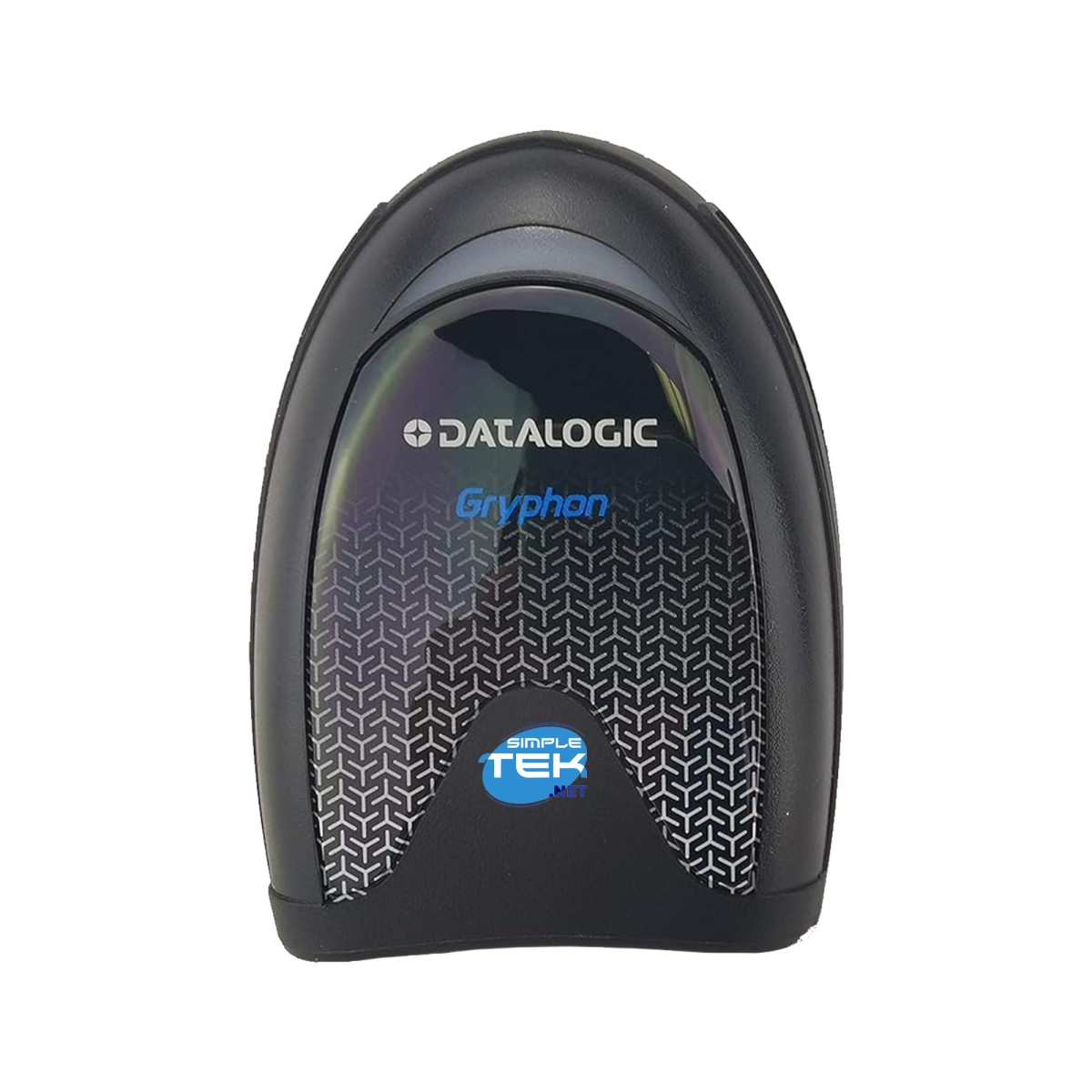 Scanner di codici a barre Datalogic Gryphon nero con motivo e logo.