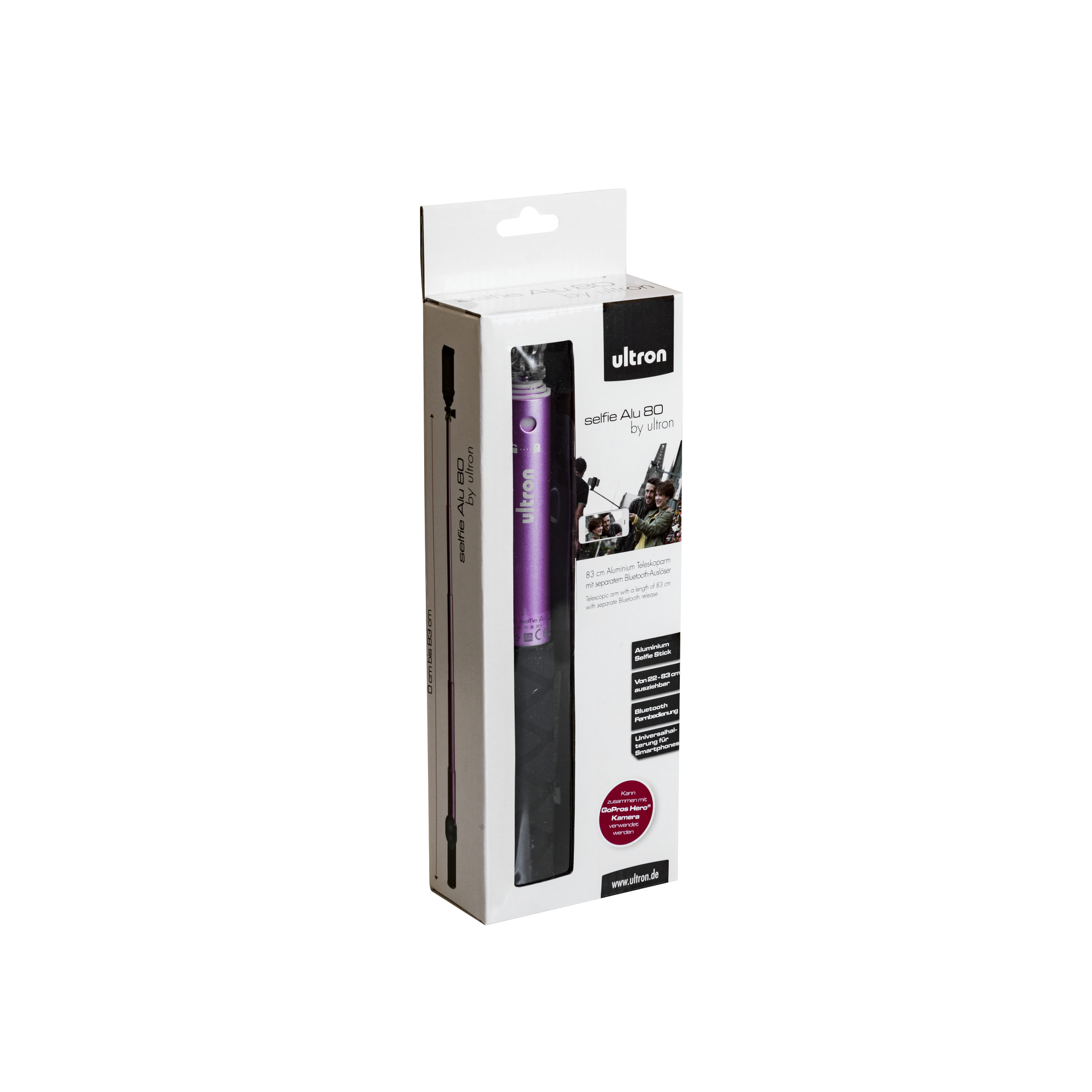 Verpackung eines violetten Selfie-Sticks mit Bluetooth-Auslöser von Ultron.
