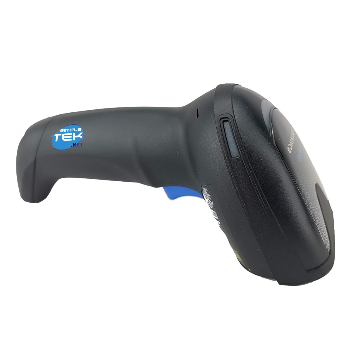 Uno scanner di codici a barre nero con grilletto blu e logo Simple Tek.