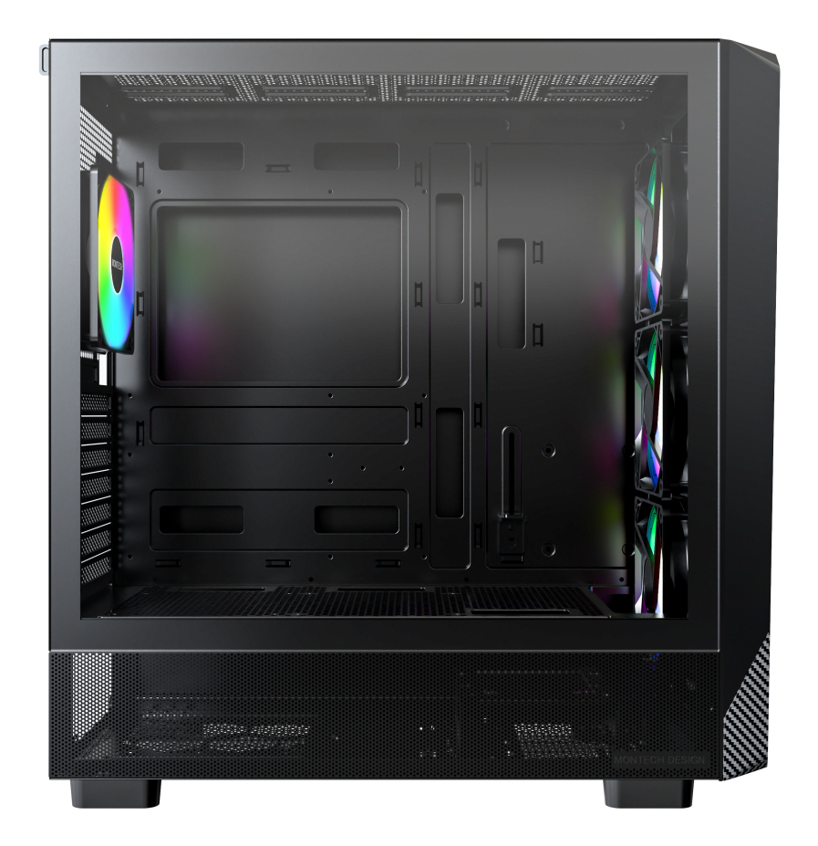 Case del computer nero con ventole RGB sui lati sinistro e destro, pannelli in vetro.