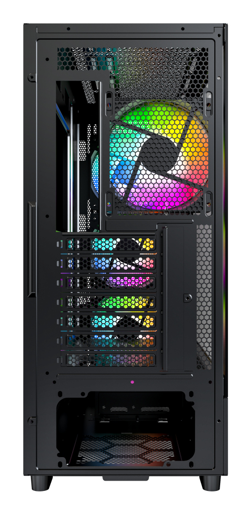 Vista posteriore di un case PC nero con ventole RGB e griglie di ventilazione.