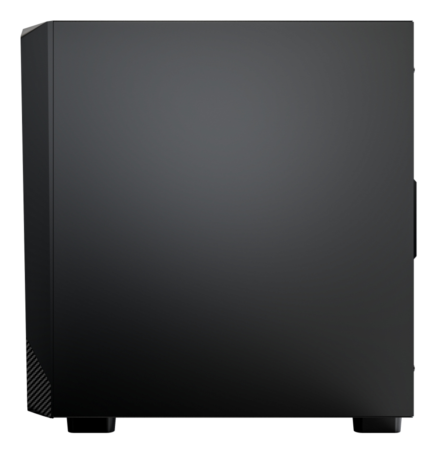 Case per computer nero in profilo laterale con fessure di ventilazione.