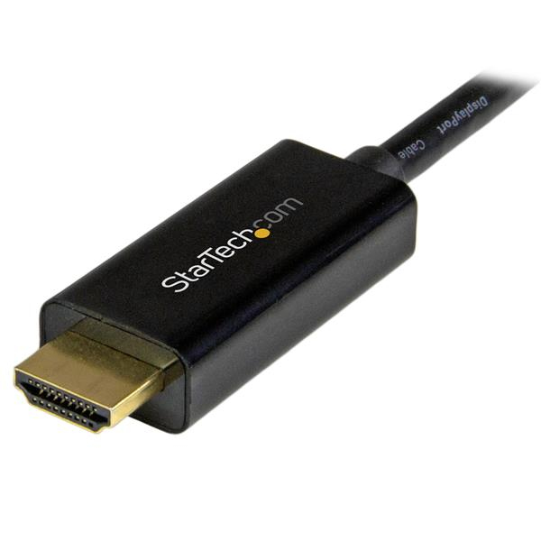 Cable negro StarTech.com con conector HDMI dorado y texto DisplayPort.