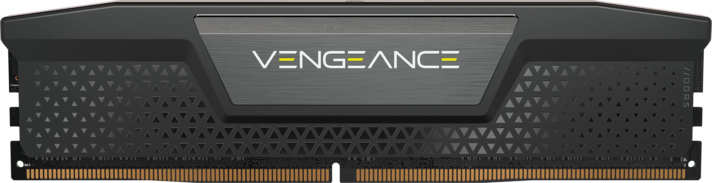 Module RAM DDR5 noir avec dissipateur thermique argenté et accents jaunes.