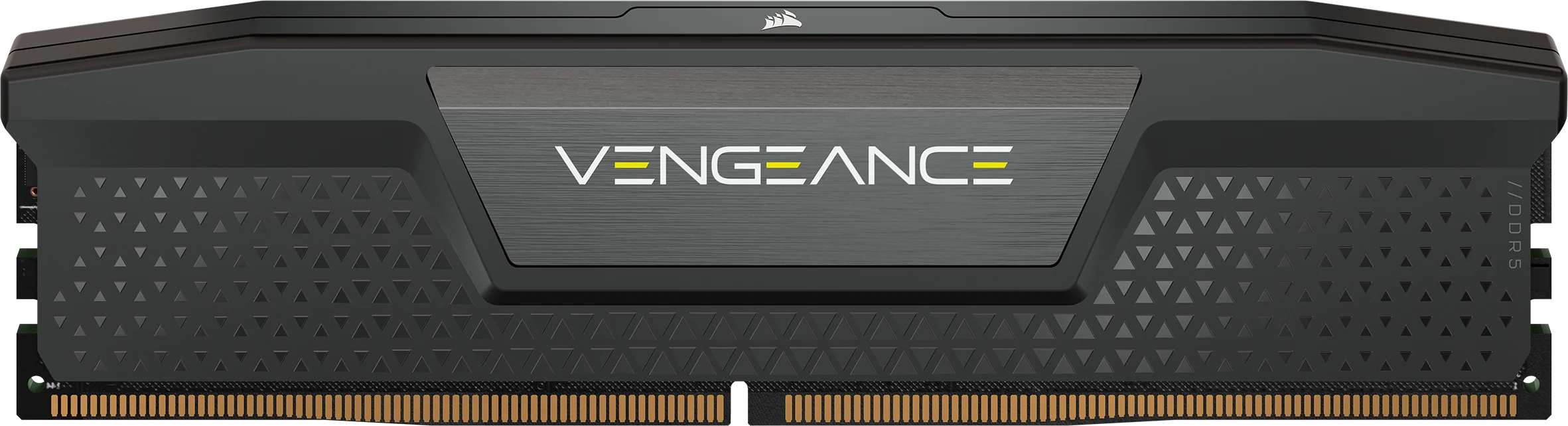 Une barrette de RAM DDR5 noire avec le mot VENGEANCE en blanc et des accents jaunes.