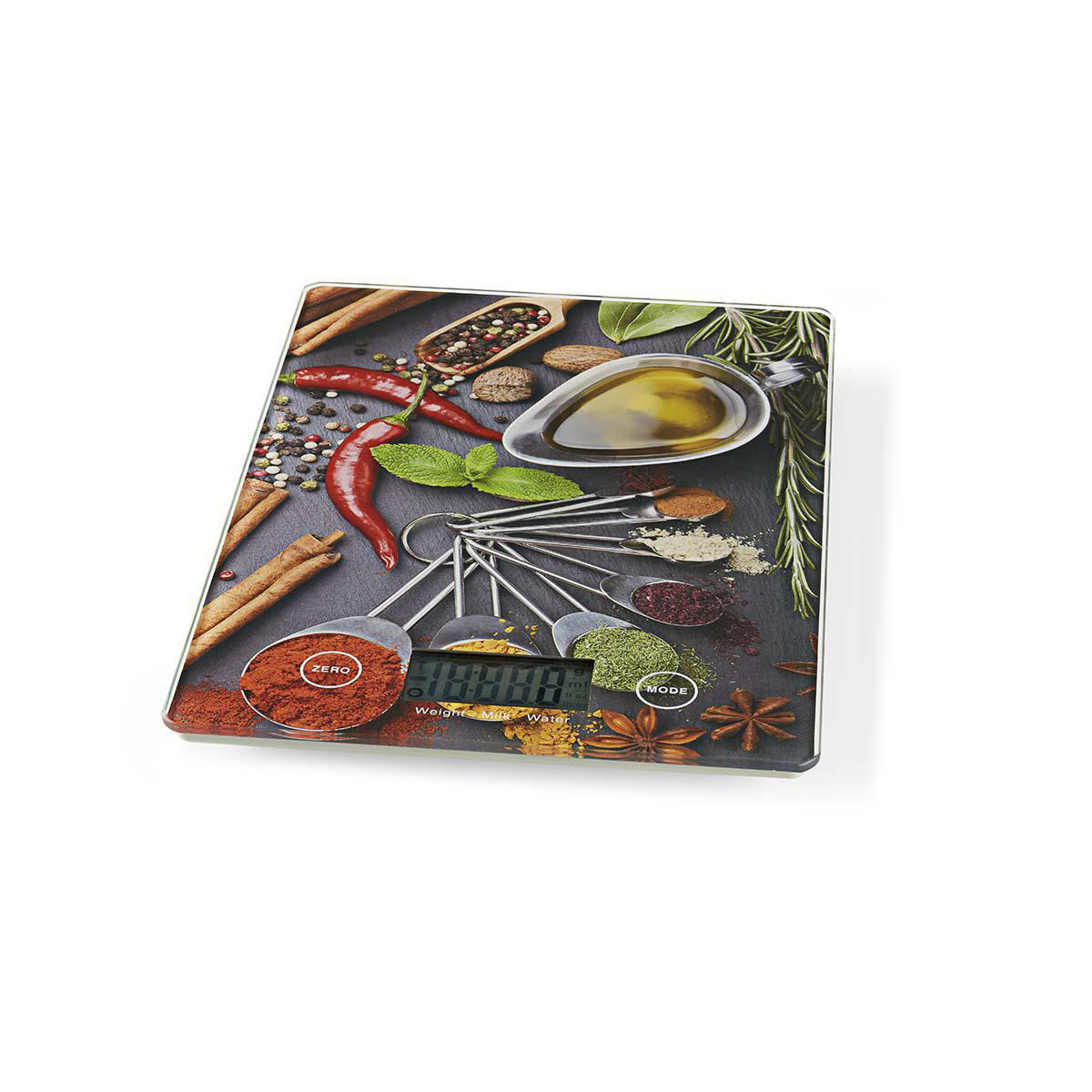 A kitchen scale topped with spices: chilies, cinnamon, herbs, oil, and measuring spoons.