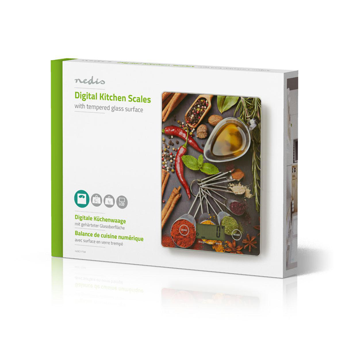 Packaging of digital kitchen scales with spices, chilies, and measuring spoons.