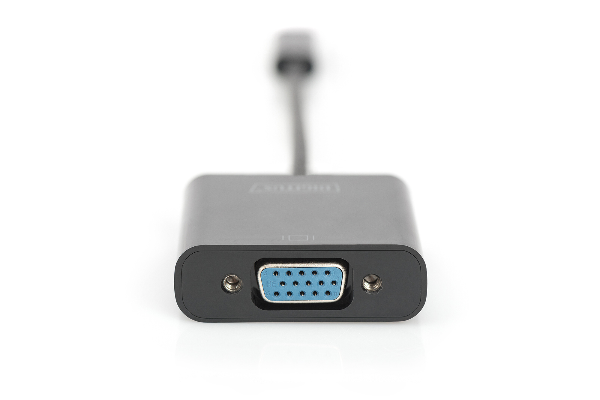 Ein grauer VGA-Adapter mit einem blauen 15-Pin-Anschluss und zwei Schrauben.