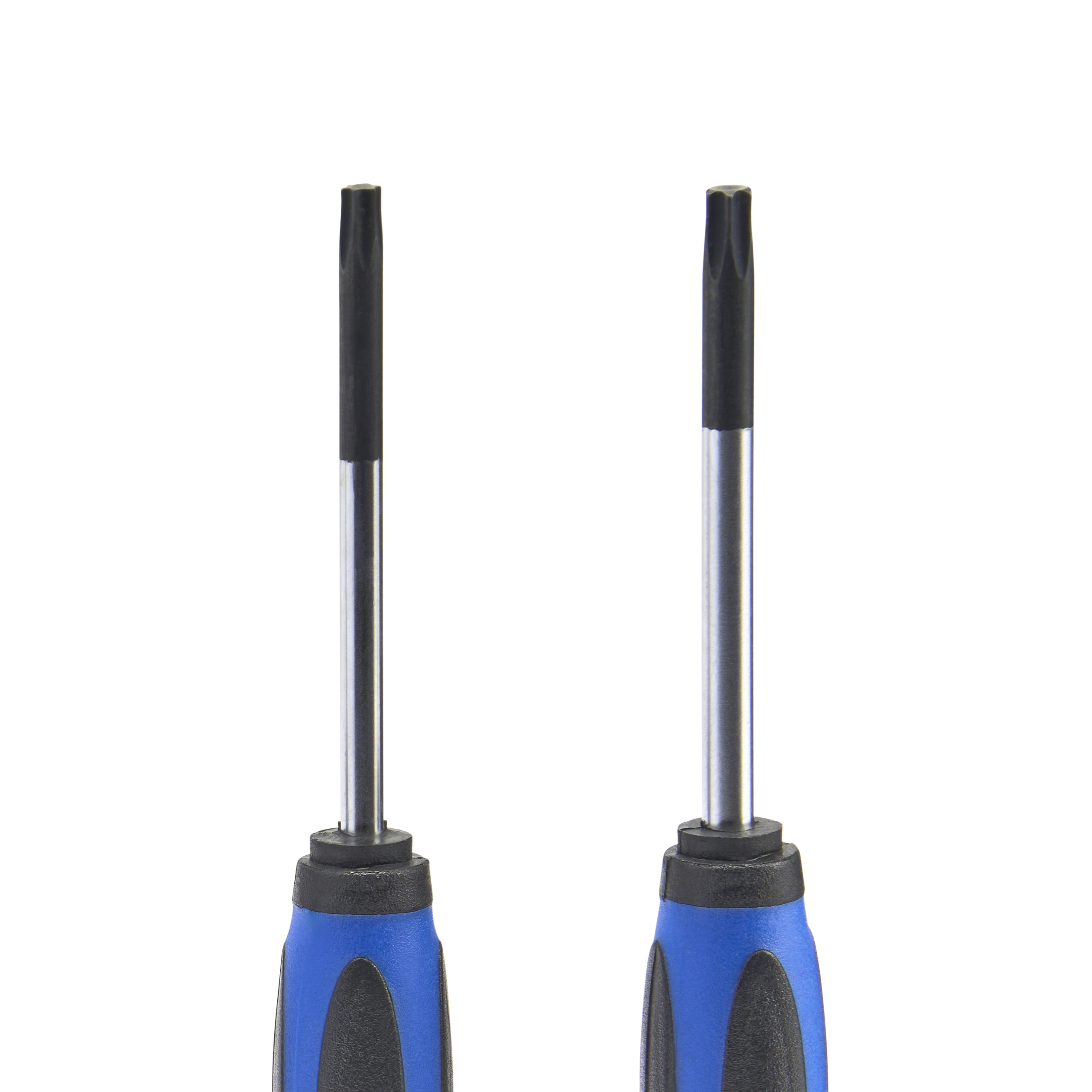 Zwei Torx-Schraubendreher mit schwarzen Spitzen und blauen Griffen.