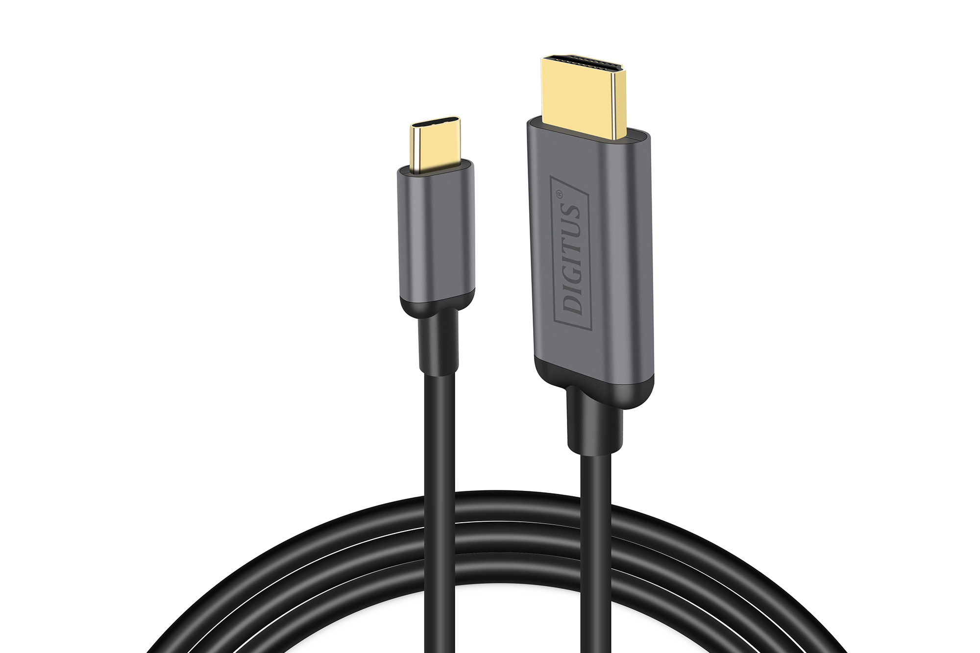 Un cable negro con conectores USB-C y HDMI, uno chapado en oro.