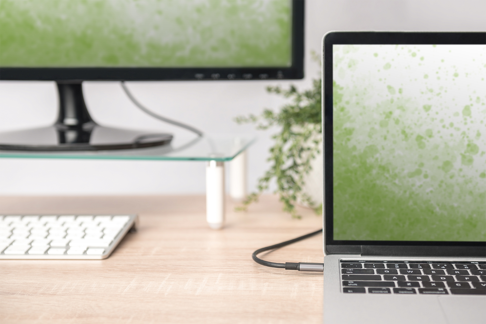 Un portátil con pantalla verde, teclado, monitor y planta sobre un escritorio de madera.