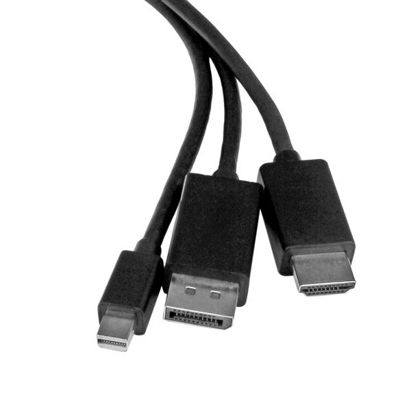 Tres cables negros con conectores: Mini DisplayPort, DisplayPort y HDMI.