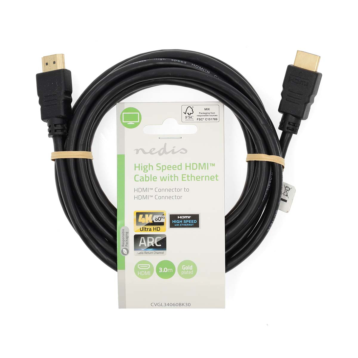 Zwarte HDMI-kabel met Ethernet, 3m, 4K 60Hz, ARC, verguld.