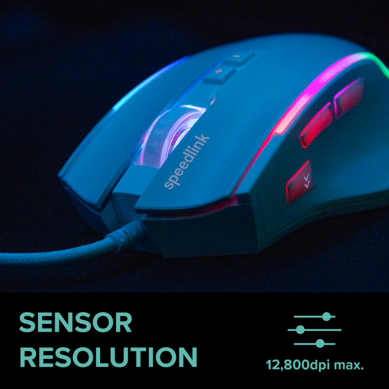 Un mouse da gaming blu con illuminazione RGB riposa su uno sfondo scuro.