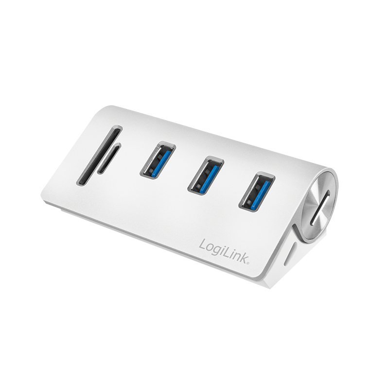 Ein weißer USB-Hub mit vier Anschlüssen und zwei Kartenslots.