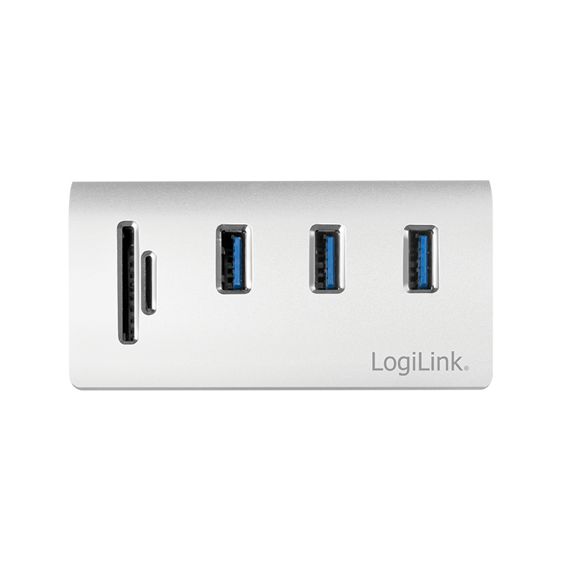 Silberner USB-Hub mit drei USB-Anschlüssen und Kartenleser.