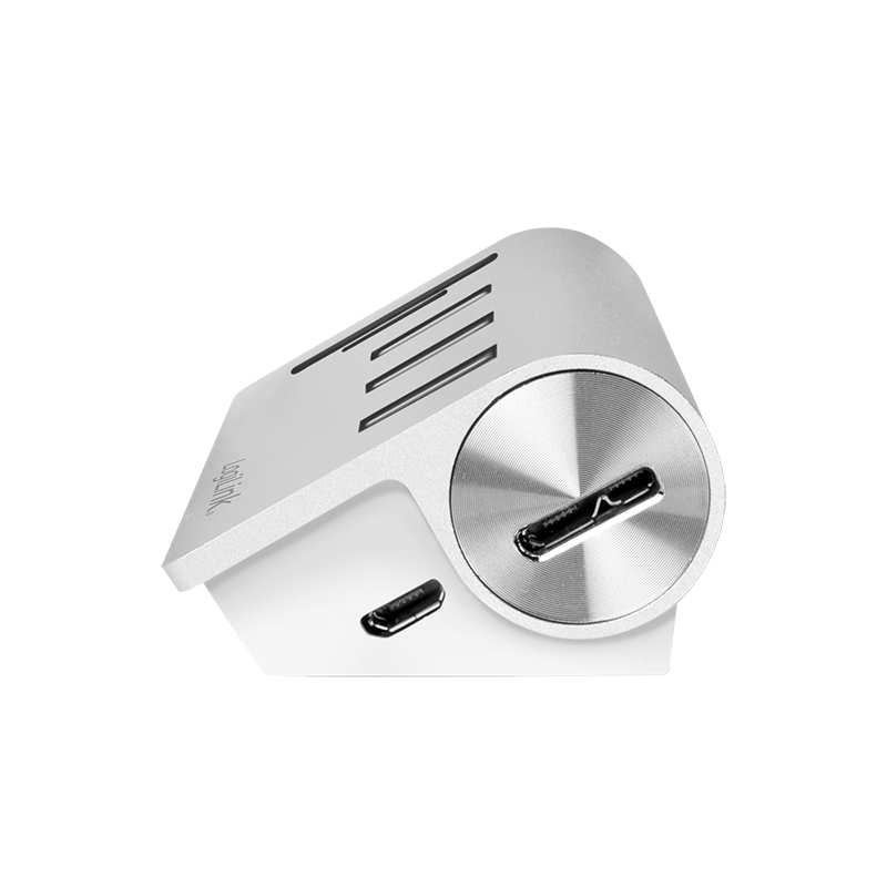 Silbernes USB-C-Hub mit Lüftungsschlitzen und einem Micro-USB-Anschluss.
