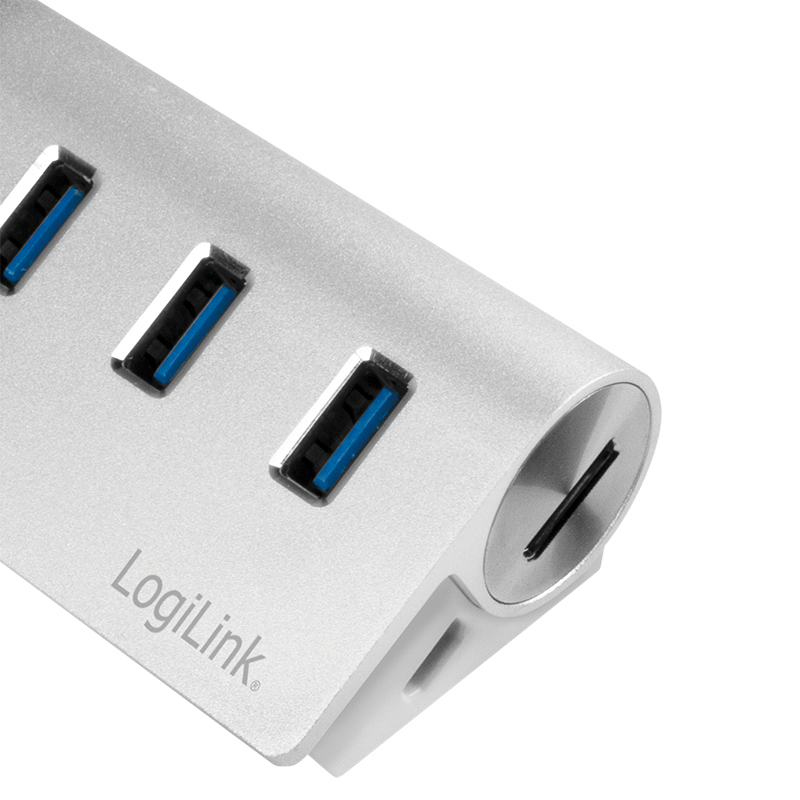 Ein silberner USB-Hub mit drei blauen USB-Anschlüssen und einem USB-C-Anschluss.