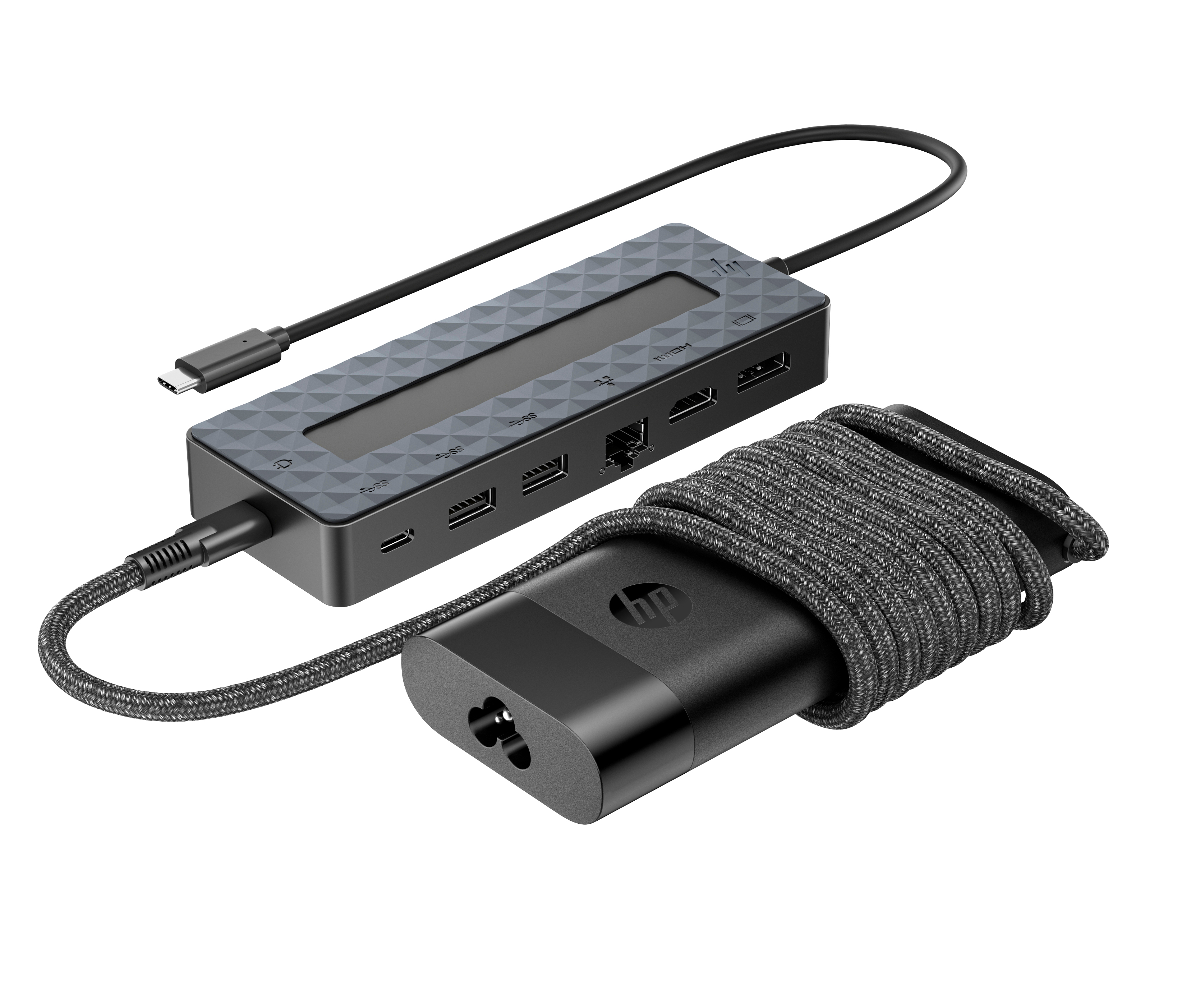 Dock HP USB-C nero con porte HDMI, LAN, USB-A e USB-C.