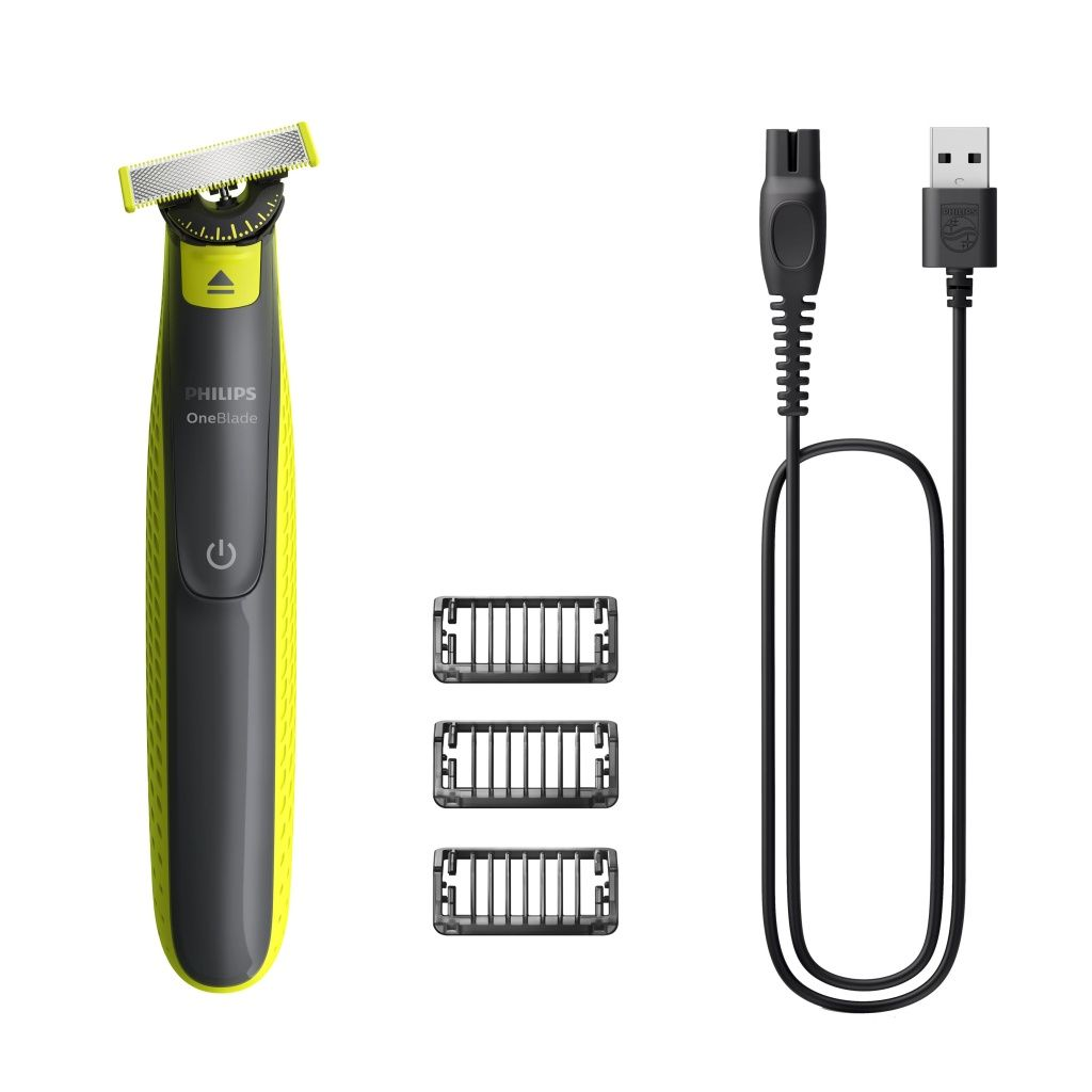 Un rifinitore Philips OneBlade con accento giallo, tre accessori e un cavo di ricarica USB.