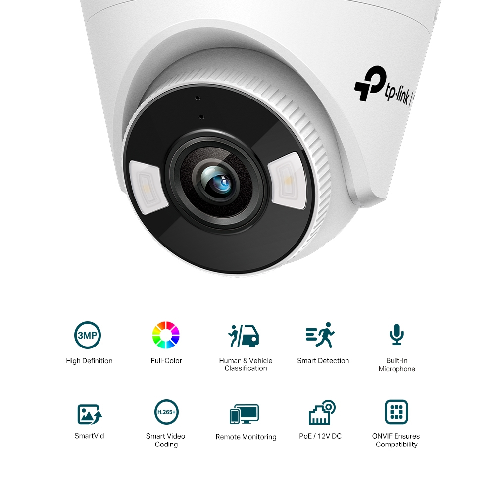 Telecamera di sicurezza TP-Link bianca con obiettivo, luci e icone di funzionalità.