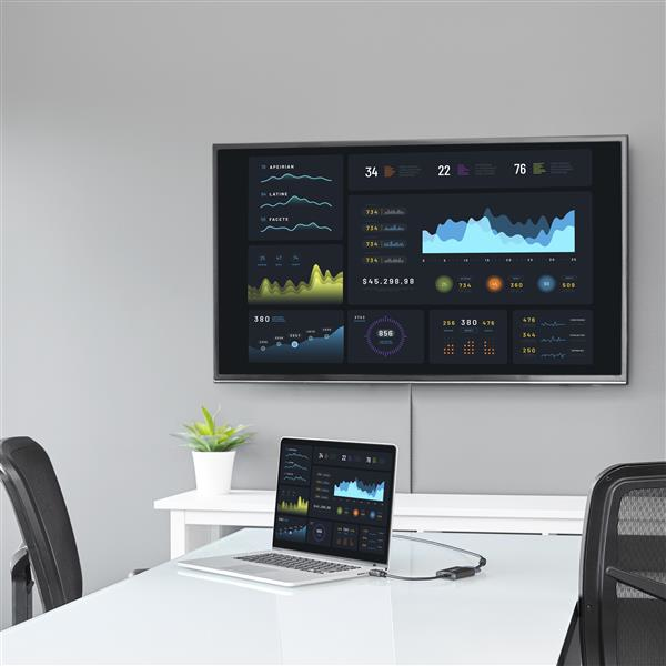 Un portátil muestra análisis de datos, conectado a una pantalla grande con gráficos.