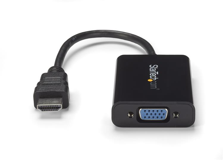 Un adaptador HDMI a VGA negro con cable y conector.