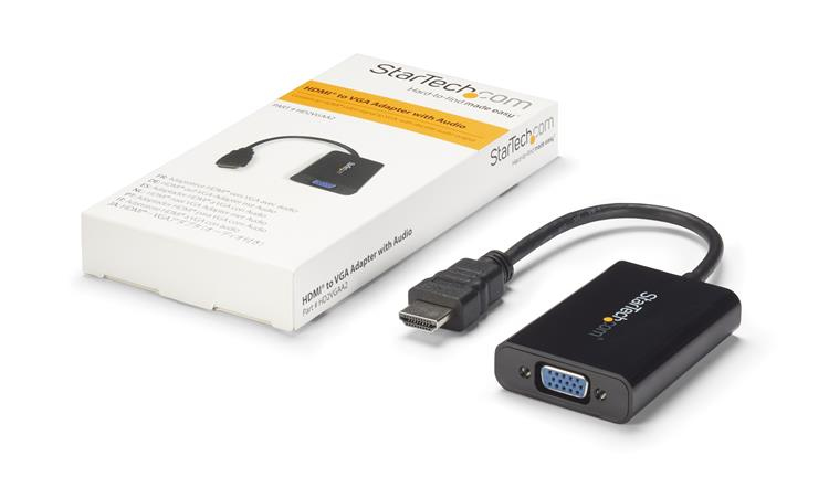 Un adaptador HDMI a VGA negro con cable de audio y su embalaje.