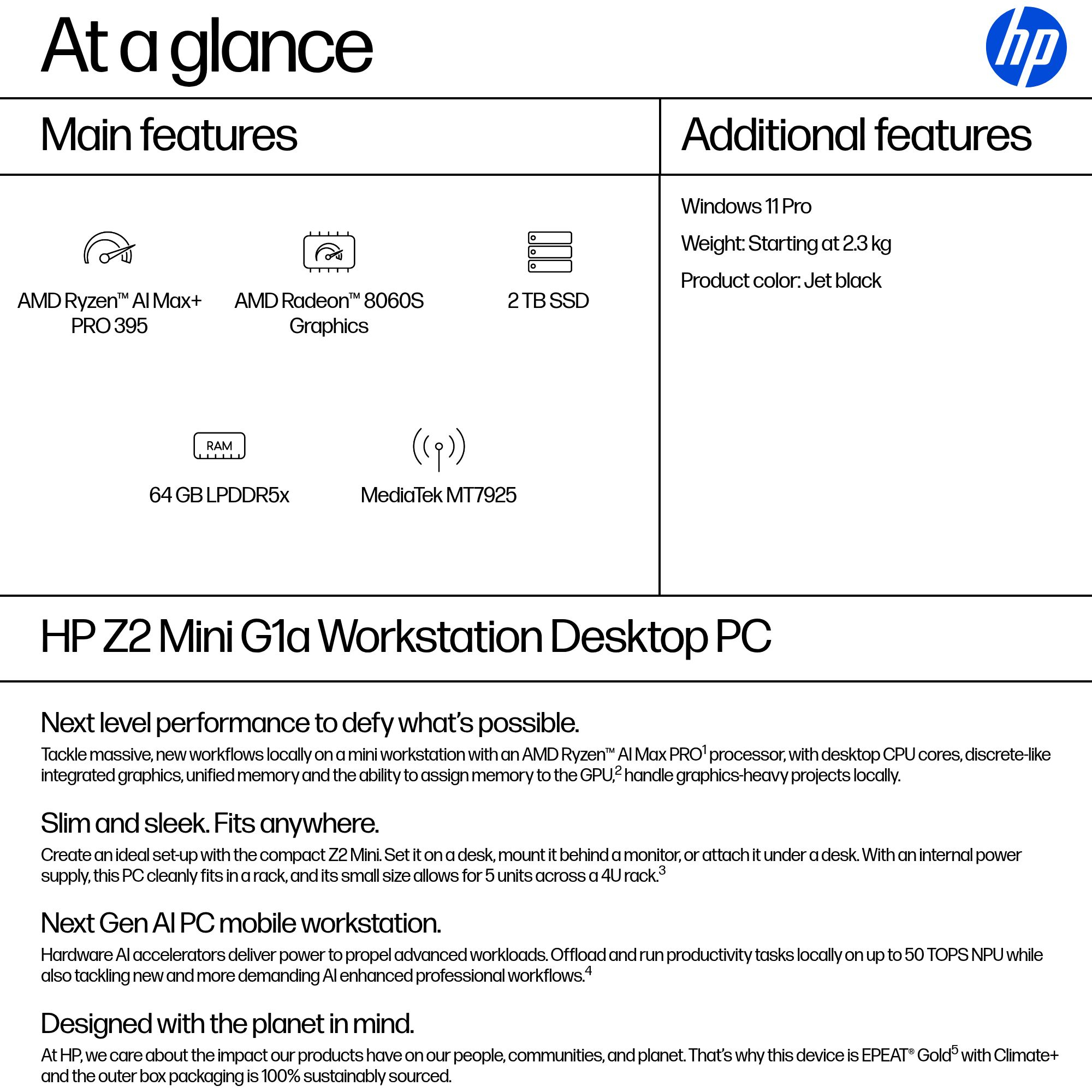 Spécifications HP Z2 Mini G1a : AMD Ryzen, graphiques Radeon, SSD 2 To, 64 Go RAM, Win 11 Pro.