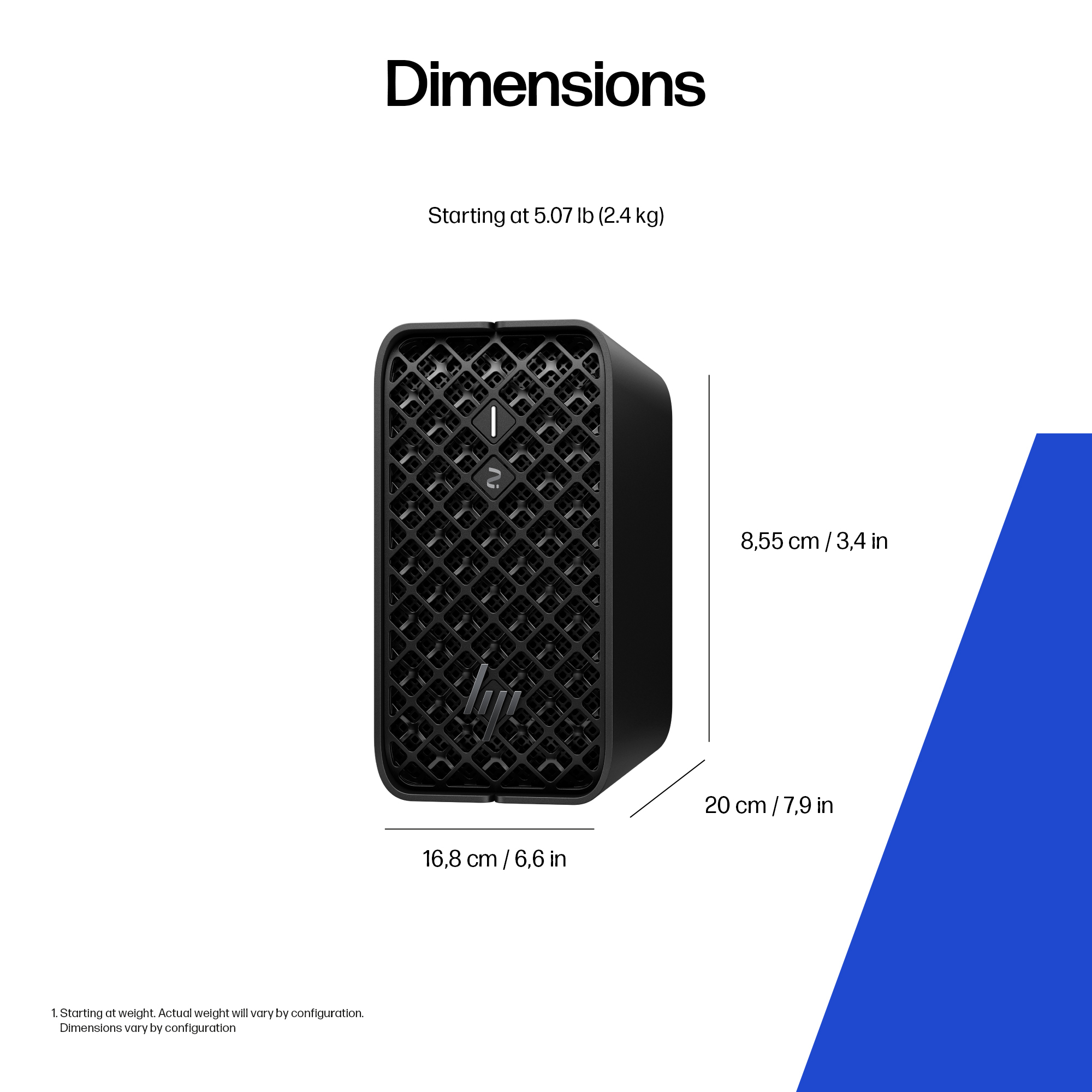 Cube d'ordinateur noir avec motif en treillis et dimensions.