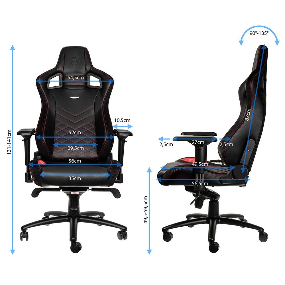 Schwarzer Gaming-Stuhl mit roten Nähten, Maße sind auf beiden Ansichten angegeben.