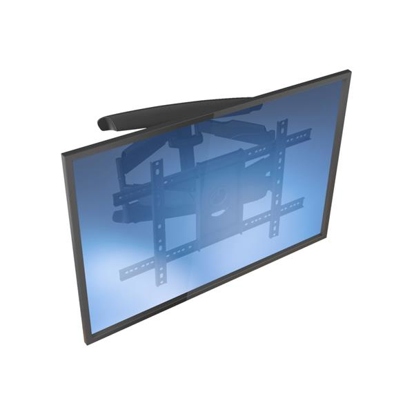 Un soporte de TV negro con pantalla de TV inclinada hacia abajo.