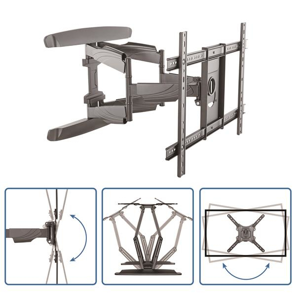 Un soporte de pared para TV articulado gris, con tres vistas detalladas que muestran su movimiento.