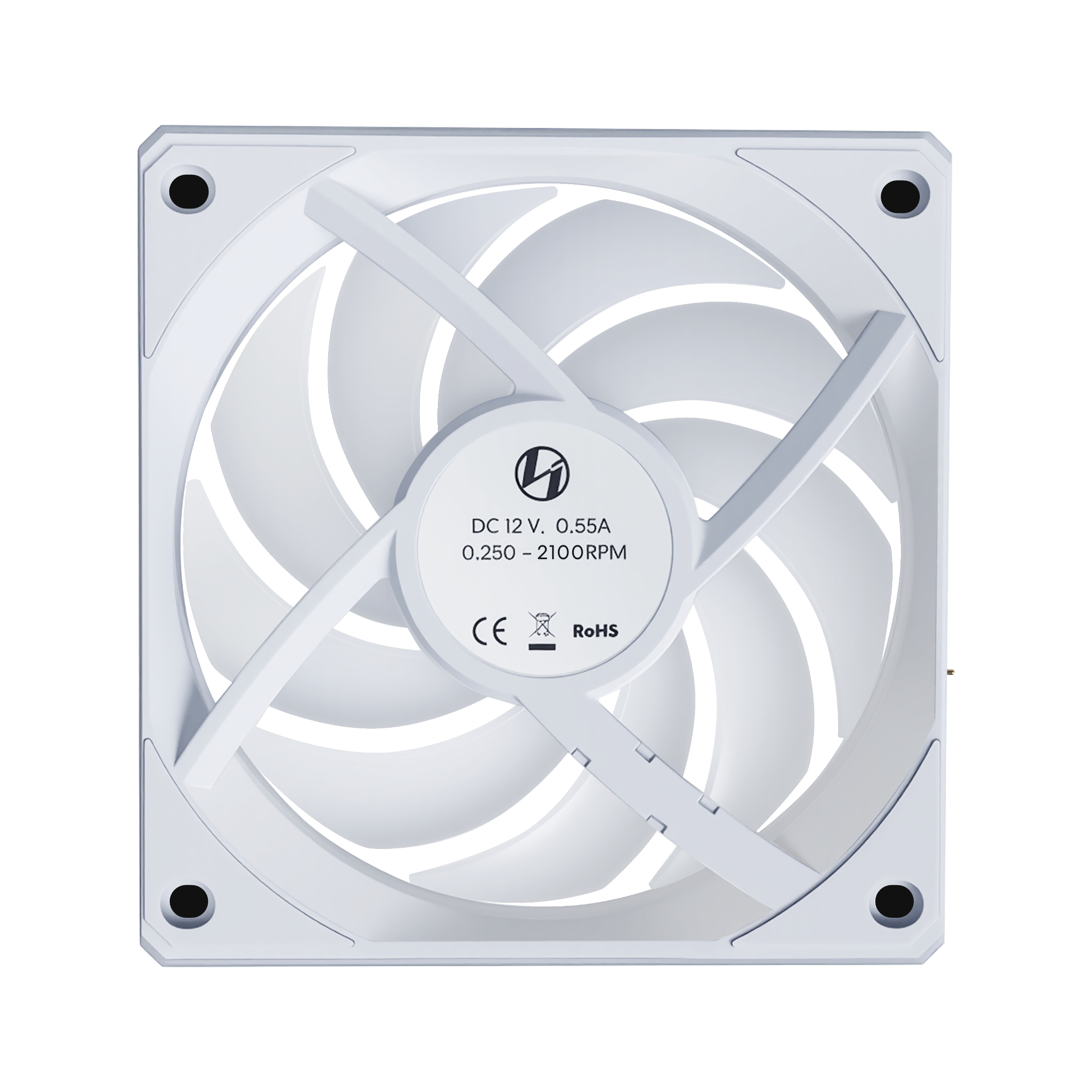 Un ventilador de ordenador blanco de cuatro aspas, con detalles técnicos en el centro.
